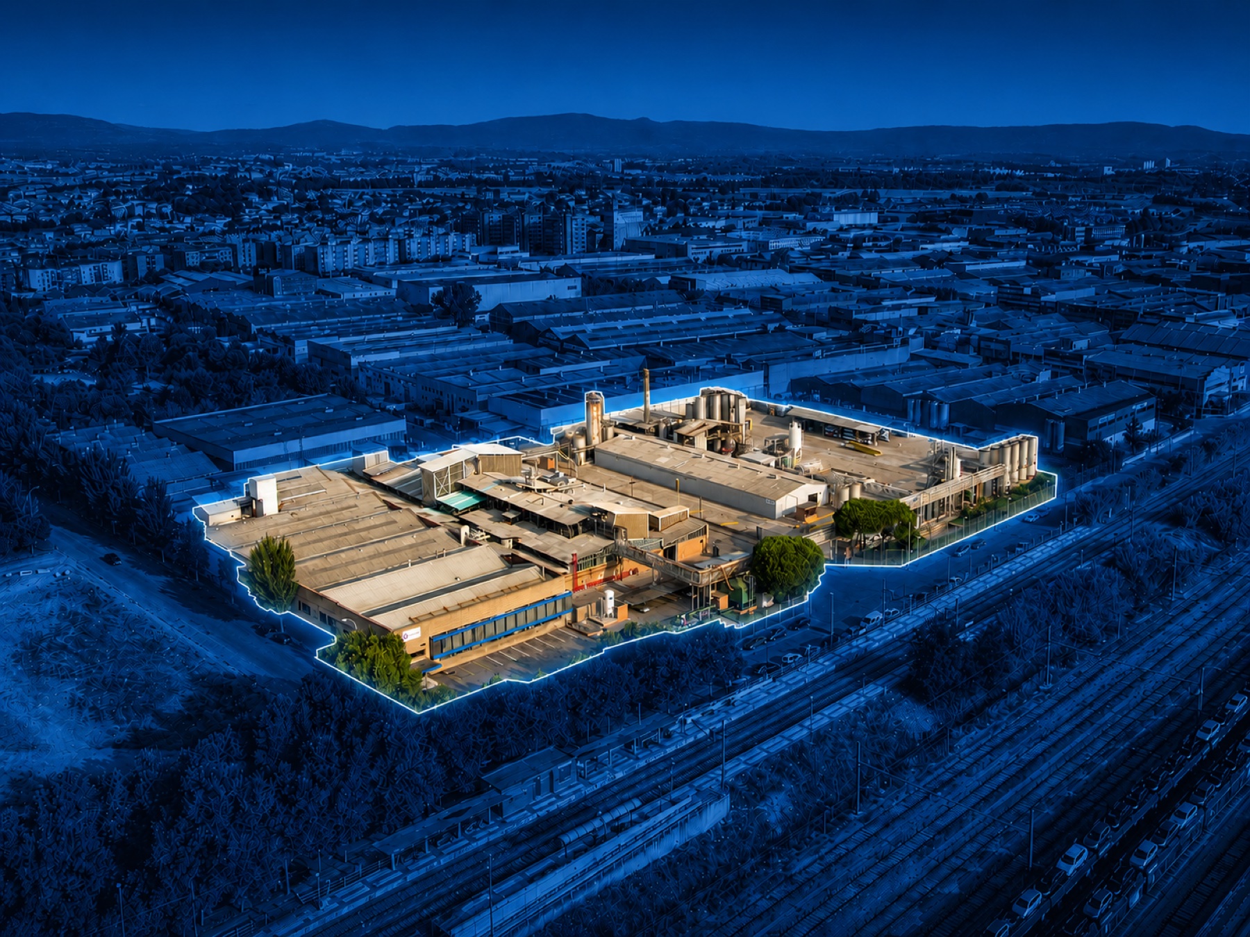 Planta Hebron S.A. en La Llagosta, Barcelona — vista aérea nocturna
